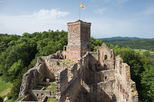 Lörrach, Germany, June 14, 2019, Ruin Rötteln in southern Germany, beautiful ruin with two lookout towers with fantastic views.