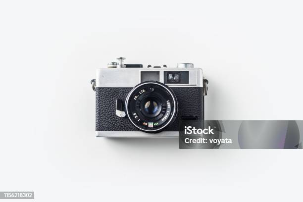 Top View Of Vintage Cameras On White Background Stock Photo - Download Image Now - Camera - Photographic Equipment, Retro Style, Old-fashioned