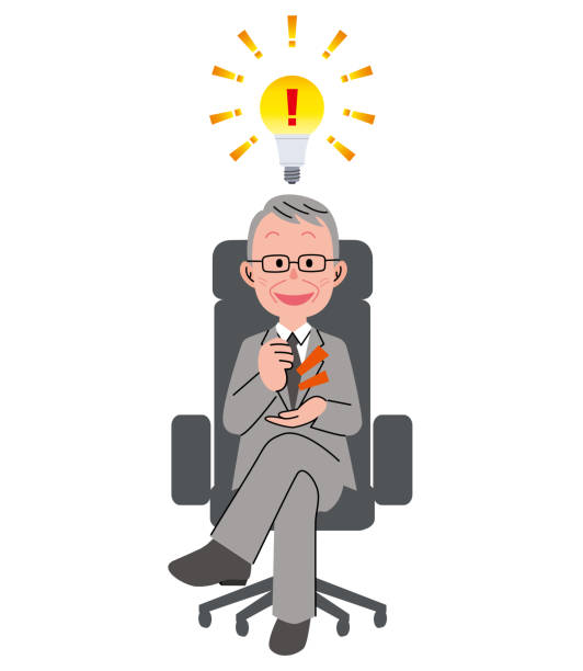 ilustraciones, imágenes clip art, dibujos animados e iconos de stock de el hombre mayor que se sienta en una silla y una lámpara eléctrica - president men cartoon old
