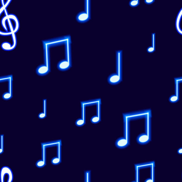 Vector Seamless Pattern with Neon Blue Musical Notes on Dark Background, Abstract Backdrop Template. Vector Seamless Pattern with Neon Blue Musical Notes on Dark Background, Music Illustration, Abstract Backdrop Template. neon music notes stock illustrations
