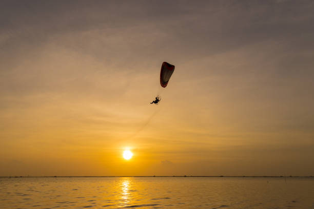 istock Silhouette of Paramotors flying to sky on sunset. 1156226874