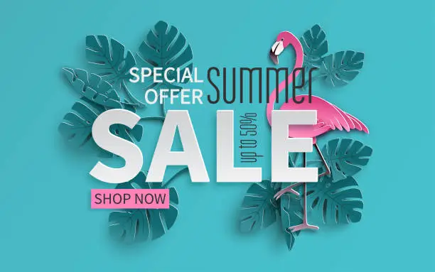 Vector illustration of Summer sale banner with paper cut flamingo and tropical leaves background, exotic floral design for banner, flyer, invitation, poster, web site or greeting card. Paper cut style, vector