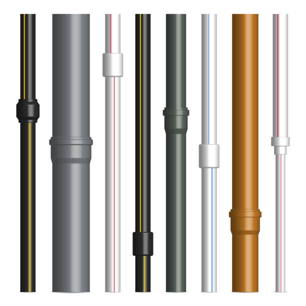 Set of various plastic pipes with connectors, vector illustration. Set of various plastic pipes for sewage, water pipe with connecting flanges isolated on a white background. Front view, vector illustration. pvc conduit stock illustrations