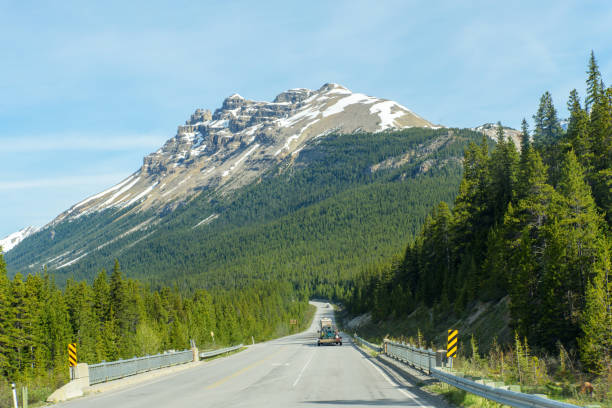 vacances au canada, autocaravane sur la transcanadienne - driving motor home forest banff national park photos et images de collection