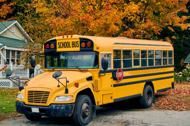 istock School bus on driveway at autumn 1156236195
