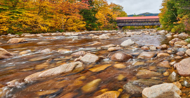 istock Swift River and old covered bridge at autumn 1156236252