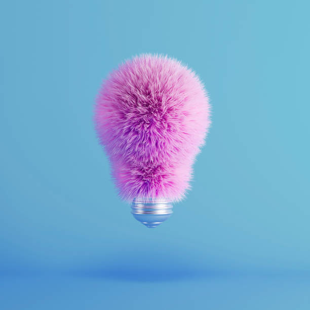 Pink Fur Light Bulb on floating blue background. minimal idea creative concept. 3D Render.