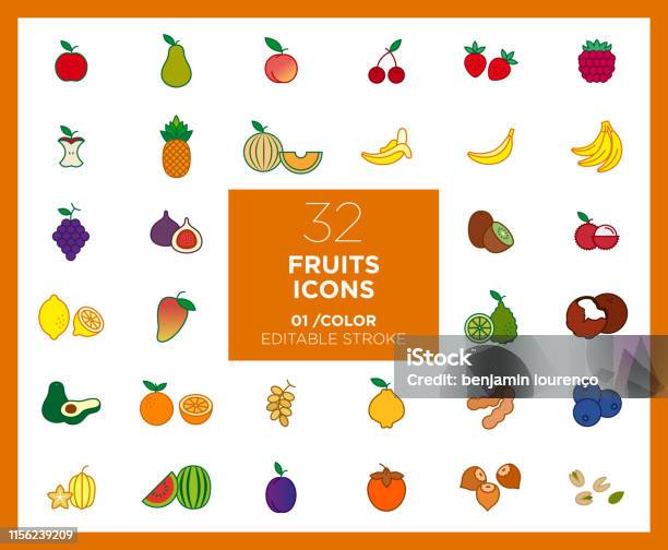 Set Of Fruits Icons In Color - Arte vetorial de stock e mais imagens de Banda desenhada - Produto Artístico - Banda desenhada - Produto Artístico, Damasco - Fruta, Dióspiro