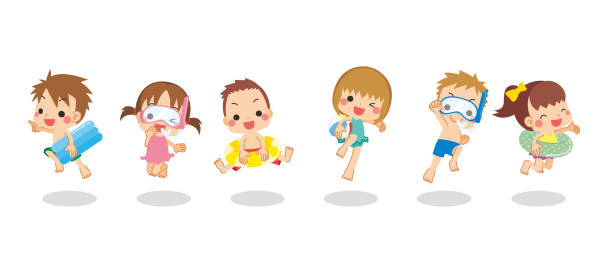 ilustraciones, imágenes clip art, dibujos animados e iconos de stock de niños con trajeden. - swimwear child inner tube little girls