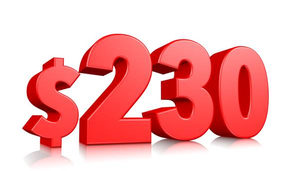 istock 230$ Two hundred thirty price symbol. red text number 3d render with dollar sign on white background 1156240324