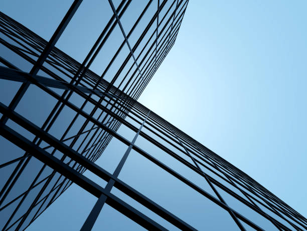 青い澄んだ空の背景に高層ガラスの建物と暗いスチール窓システムの3d刺激、将来の建築のビジネスコンセプト、コーナービルの角度をルックアップ。 - built structure business building exterior glass ストックフォトと画像