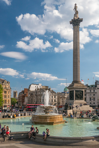 A fountain in Trafalgar Square London.