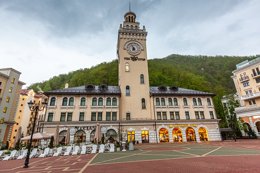 Sochi, Russia - MAY 02 2019: Rosa Khutor Alpine Resort at sunset.