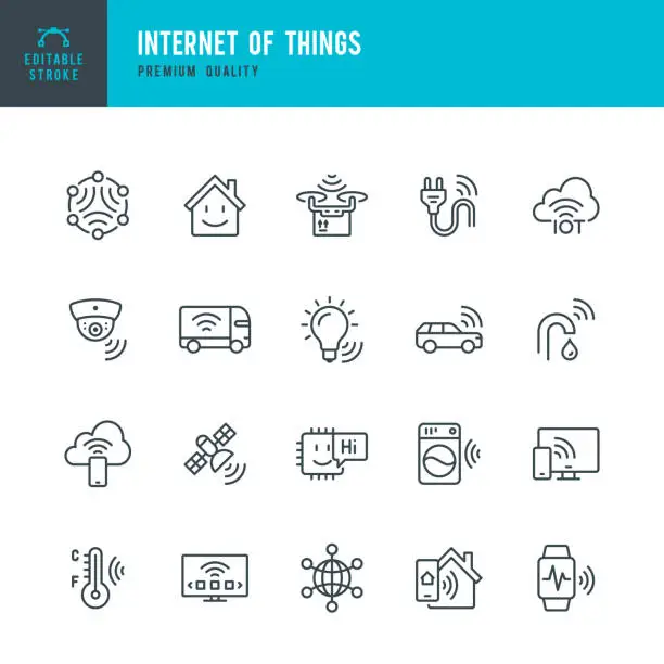 Vector illustration of Internet of Things - vector line icon set. Artificial Intelligence, Machine Learning, Computer Chip, Surveillance, Internet of Things, Smart Home. Outline editable stroke.