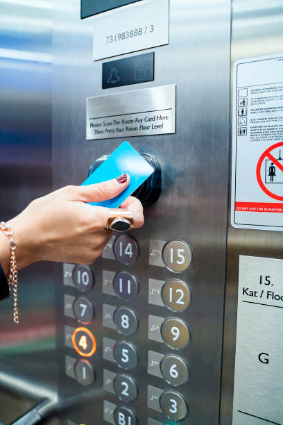 Woman hand touching by hotel check-in card to elevator button