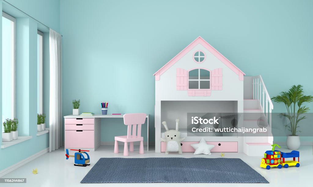 Light blue child bedroom interior for mockup, 3D rendering Light blue children bedroom interior for mockup, 3D rendering Nursery - Bedroom Stock Photo