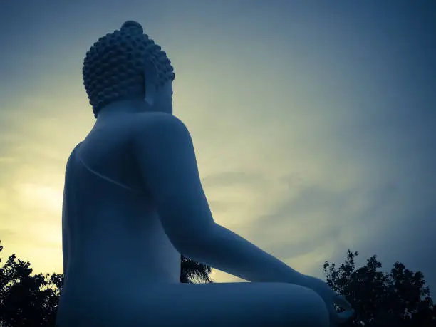 Evening Sunshine On Holy Big White Buddha Statue In The Garden Of Buddhist Temple At Brahmavihara Arama Monastery, North Bali, Indonesia