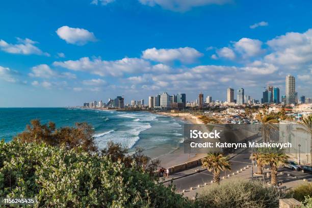 Panoramic View Of Modern Tel Aviv Sky Line And Beach On Sunny Day Mediterranean Sea Israel Sea Waves And Cloudy Sky Stock Photo - Download Image Now