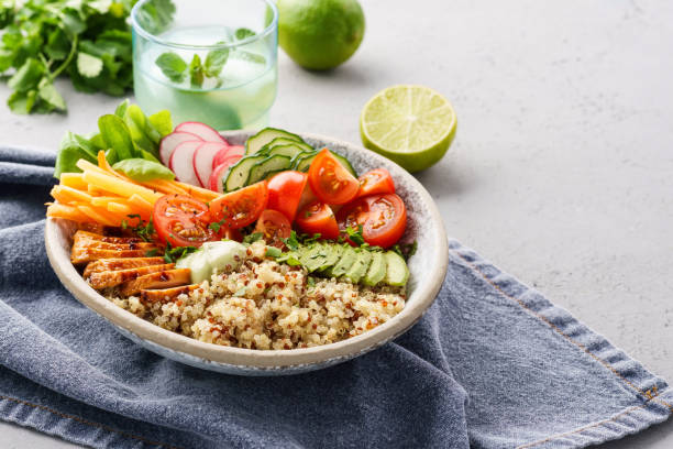 istock Healthy buddha bowl with chicken, quinoa and fresh vegetables. 1156246097