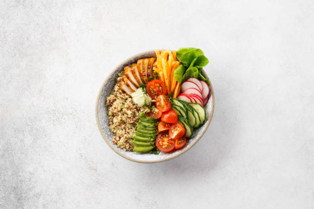 istock Healthy buddha bowl with chicken, quinoa and fresh vegetables. 1156246351