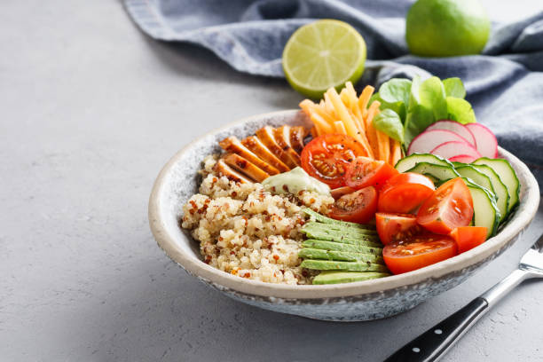 istock Healthy buddha bowl with chicken, quinoa and fresh vegetables. 1156247475