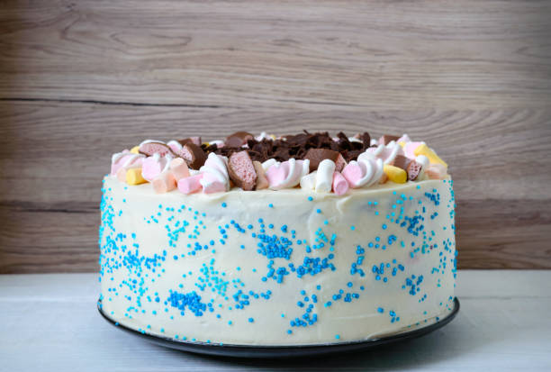 Large festive cake decorated with chocolate chips, marshmallows. Copy space for inscriptions.