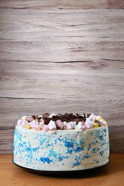 istock Large festive cake decorated with chocolate chips, marshmallows. Copy space for inscriptions. 1156247538