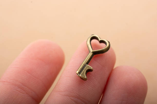 Tiny key with heart shape on the finger tip Tiny key with heart shape placed on the finger tip legacy concept stock pictures, royalty-free photos & images