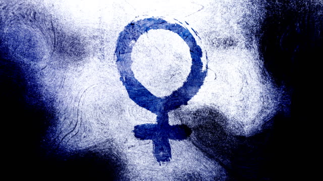 Dark Blue Venus, female, gender symbol on a high contrasted grungy and dirty, animated, distressed and smudged 4k video background with swirls and frame by frame motion feel with street style for the concepts of gender equality, women-social issues