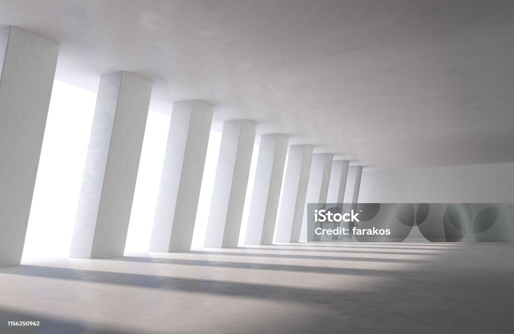 Large industrial hall, car parking or office building with daylight shadows on floor White concrete room interior with columns. Large industrial hall, car parking or office building with daylight shadows on floor. 3D illustration Architecture Stock Photo