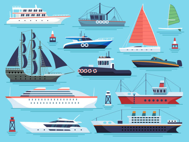 seeschiffe flach. wasserwagen, boote boote yachtschiff schlachtschiff kriegsschiff großes schiff. sea cargo dock vektor-set - sailing ship sailing sea military ship stock-grafiken, -clipart, -cartoons und -symbole