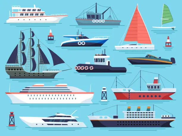 Vector illustration of Maritime ships flat. Water carriage, vessels boats yacht ship battleship warship large vessel. Sea cargo dock vector set