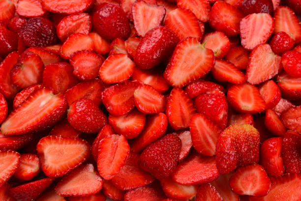 istock Strawberry slices. Fresh berries macro. Fruit background. Top view. 1156252925