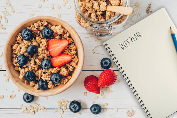 istock Homemade granola and fresh berries on wood table with note book and text diet plan concept, copy space. 1156254099