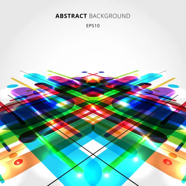 Vector illustration of Abstract motion dynamic composition made of various colorful rounded shapes lines on perspective background.