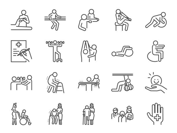 Physical therapy line icon set. Included icons as recovery, body, Nursing Home, take care, hospital, physiology and more. Physical therapy line icon set. Included icons as recovery, body, Nursing Home, take care, hospital, physiology and more. patient designs stock illustrations