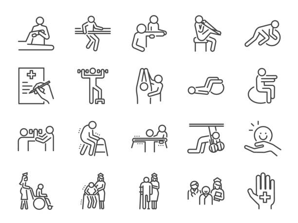 Physical therapy line icon set. Included icons as recovery, body, Nursing Home, take care, hospital, physiology and more. Physical therapy line icon set. Included icons as recovery, body, Nursing Home, take care, hospital, physiology and more. medical supplies wheelchair medical equipment nursing home stock illustrations