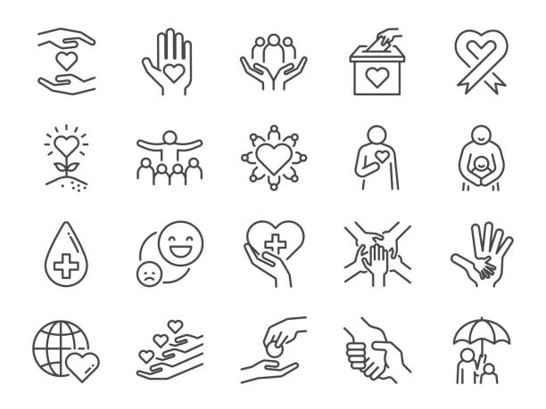 ilustraciones, imágenes clip art, dibujos animados e iconos de stock de conjunto de iconos de línea de caridad. incluye iconos como tipo, cuidado, ayuda, compartir, bueno, soporte y más. - volunteer