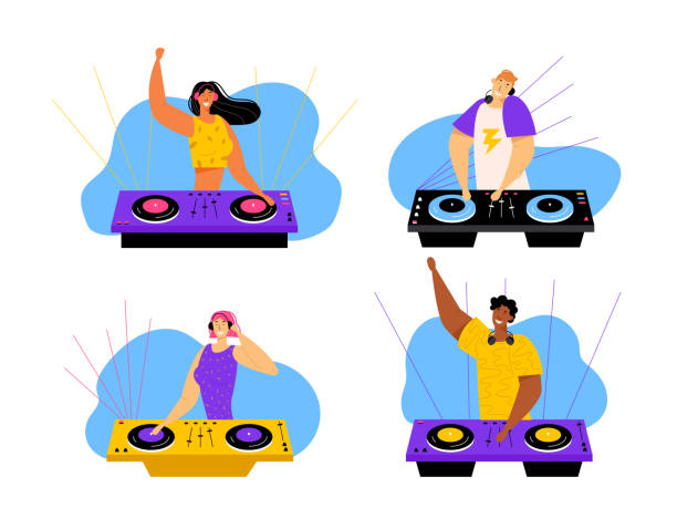 illustrazioni stock, clip art, cartoni animati e icone di tendenza di happy dj set personaggi maschili e femminili. uomini e donne con cuffie che suonano e mescolano musica al night club disco party. divertimento, gioventù, intrattenimento e concetto fest. illustrazione vettoriale piatta dei cartoni animati - dj