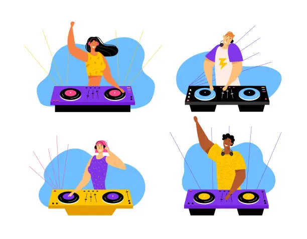 Vector illustration of Happy Dj Male and Female Characters Set. Men and Women with Headphones Playing and Mixing Music at Night Club Disco Party. Fun, Youth, Entertainment and Fest Concept. Cartoon Flat Vector Illustration