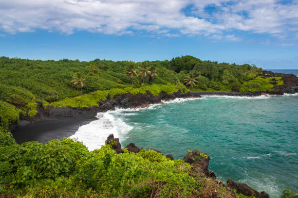 вайанапанапа блэк сэнд бич, мауи, гавайи, с�ша - black sand beach hawaii islands maui стоковые фото и изображения