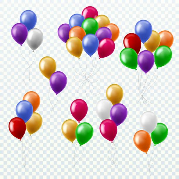 ilustraciones, imágenes clip art, dibujos animados e iconos de stock de globos. decoración de la fiesta globos de color grupos voladores aislados conjunto de vectores 3d - ramos