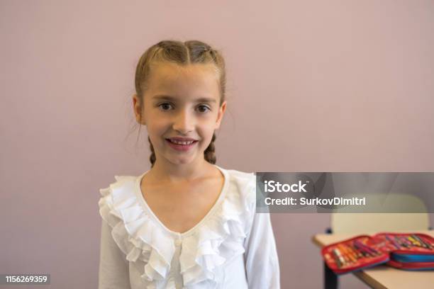 Elementary School Student In Classroom Stock Photo - Download Image Now - 6-7 Years, Apron, Cheerful