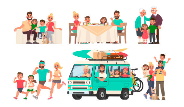 glückliche familie ruht sich aus, isst am tisch, geht mit dem auto auf eine reise, spielt sport, geht - kinder sport auto stock-grafiken, -clipart, -cartoons und -symbole