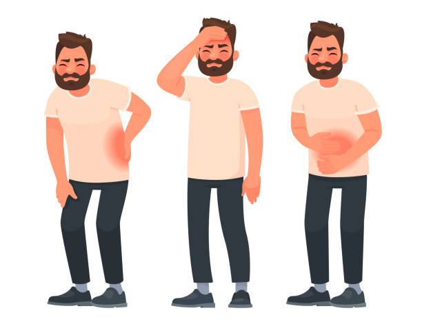 Set of character men with pain in different parts of the body. Backache, abdominal pain, headache, migraine Set of character men with pain in different parts of the body. Backache, abdominal pain, headache, migraine. Vector illustration in cartoon style back pain stock illustrations