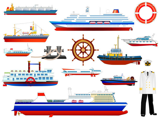 ilustrações, clipart, desenhos animados e ícones de vetor dos navios e coleção marítima dos ícones, jogo da vista lateral - fishing industry fishing nautical vessel buoy