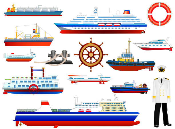 Ships at sea, shipping boats, ocean transport, cruise liner, large ferryboat, ships wheel, life buoy, harbor tug, trawler, tanker; hover craft, hydrofoil, vector icons set isolated on white background