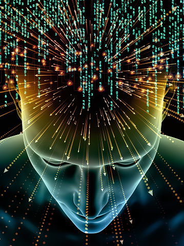 Elements of Mind series. 3D illustration of human head and symbols of technology on the subject of  science, education and powers of the mind