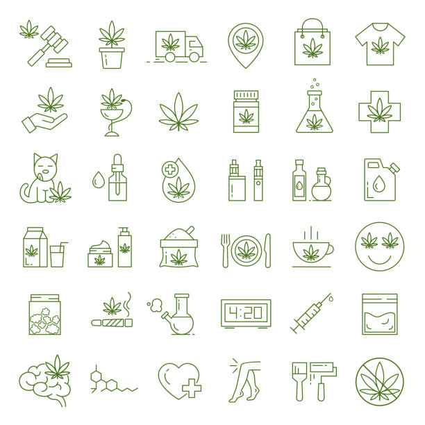 ilustraciones, imágenes clip art, dibujos animados e iconos de stock de marihuana, iconos de cannabis. conjunto de iconos de marihuana medicinal. - oilcan