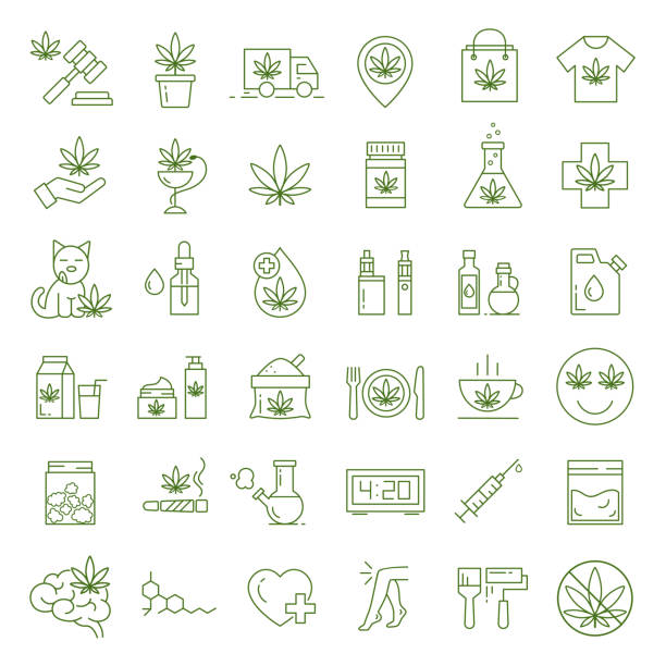 Marijuana, Cannabis icons. Set of medical marijuana icons. Cannabis icons. Set of medical marijuana icons. Drug consumption. Marijuana Legalization. Isolated vector illustration on white background. cannabis narcotic stock illustrations